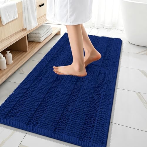 OLANLY Thick Bathroom Runner Rugs 47x20, Soft Chenille Long Bath Rugs, Navy