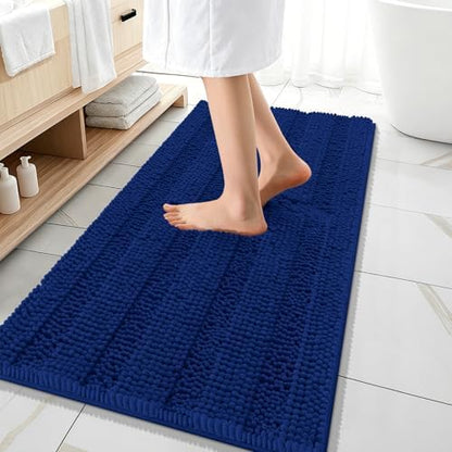 OLANLY Thick Bathroom Runner Rugs 47x20, Soft Chenille Long Bath Rugs, Navy