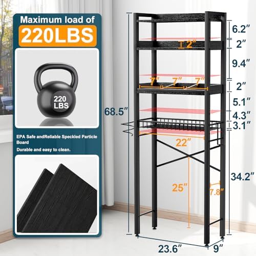 Over The Toilet Storage Cabinet,4 Tier Bathroom Organizer and Storage With Adjustable Shelf Waterproof Feet Pad and Basket Multifunctional Space Saver Freestanding Bathroom Shelves With Dividers Black