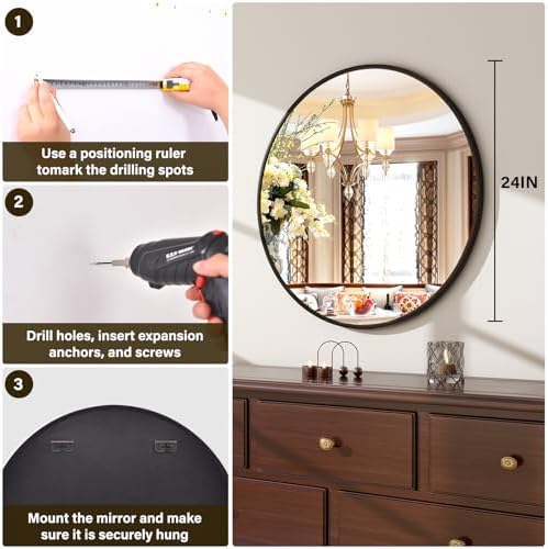 XRAMFY 24 Inch Round Mirror-Black Circle Mirrors for Bathroom, Entryway