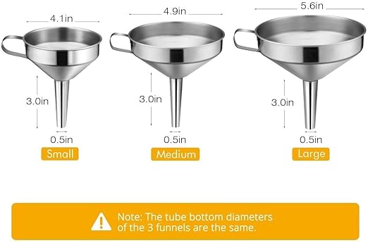 Kitchen Funnel, 3 Piece Stainless Steel Funnels Set with Handle Design and Removable Strainer, Great for Transferring of Liquid, Fluid, Dry Ingredients & Powder, Funnels for Filling Bottles