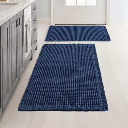 MIULEE Set of 2 Waffle Bathroom Rugs Navy Blue Bath Mat 17"x24"+18"x30"