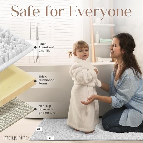 MAYSHINE Runner Plush Shaggy Chenille Bath Mat 71"x31" Extra Soft, Super Absorbent, Non-Slip Bathroom Rug | Fluffy Microfiber, Area Rug Sets for Bathroom Floor, Kitchen, Living Room | White