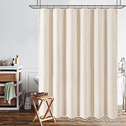 BTTN 72x96 Extra Long Boho Linen Heavy Duty Shower Curtain Set, Cream/Beige