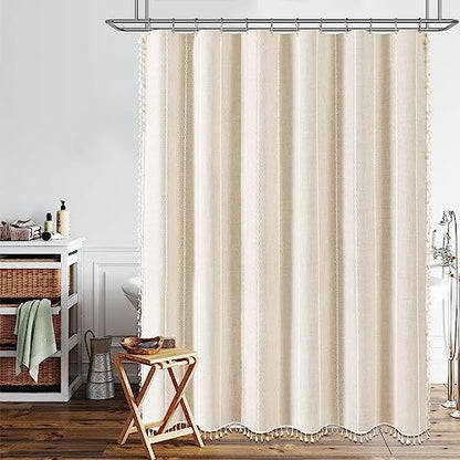 BTTN 72x84 Long Boho Farmhouse Linen Heavy Duty Shower Curtain, Cream/Beige