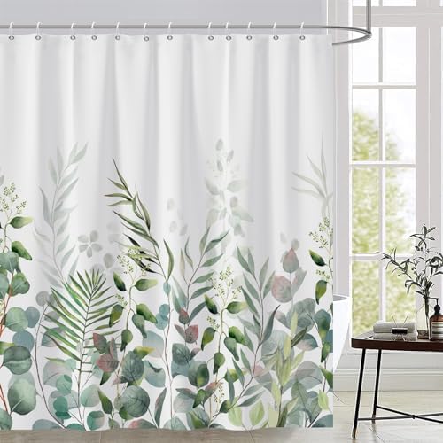 AWERT Shower Curtain Plants for Bathroom,Waterproof Quick-Drying Green Leaves Shower Curtain Set with Hooks 60x72 Inch