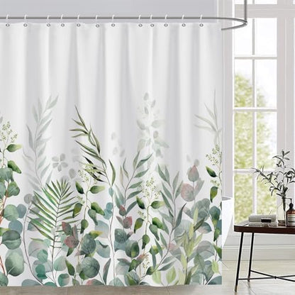 AWERT Shower Curtain Plants for Bathroom,Waterproof Quick-Drying Green Leaves Shower Curtain Set with Hooks 60x72 Inch
