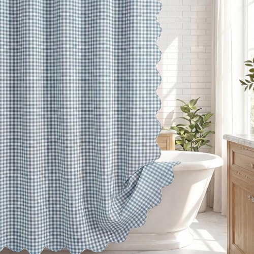 HunnmingRe Scalloped Gingham Shower Curtain Dust Blue