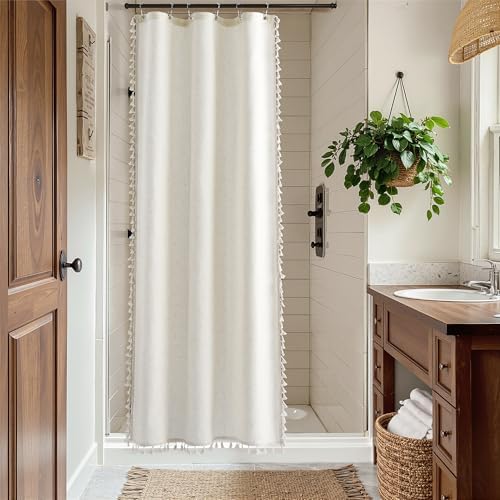 Nanspring Stall Natural Boho Linen Shower Curtain 36 Inch Rustic Cottagecore Narrow Fabric Shower Curtain Set with Hooks for Bathroom Modern Farmhouse Camper RV Tassel Bath Curtain 36x72, Cream