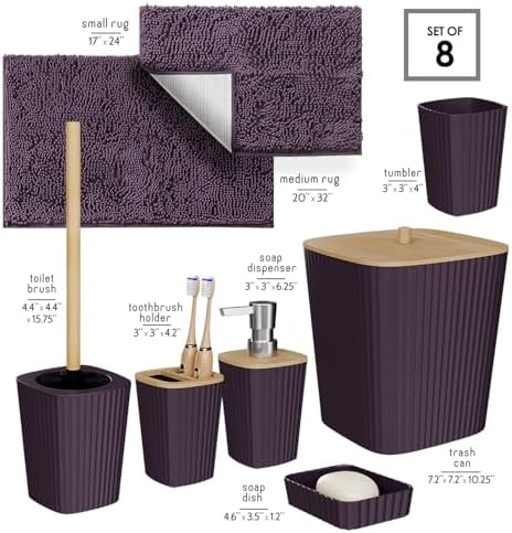 Clara Clark Bathroom Set - Purple Bathroom Accessories Set, 6PC Bathroom Accessory Set, Bathroom Sets with Bathroom Rugs, Toilet Brush, Trash Can & Soap Dispenser