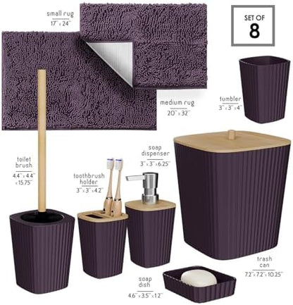 Clara Clark Bathroom Set - Purple Bathroom Accessories Set, 6PC Bathroom Accessory Set, Bathroom Sets with Bathroom Rugs, Toilet Brush, Trash Can & Soap Dispenser