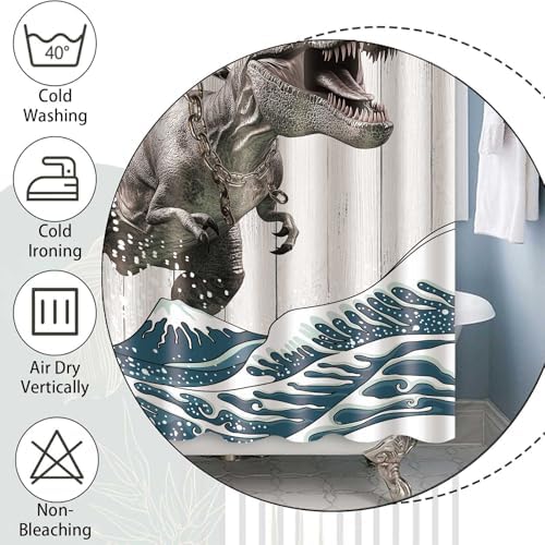 Funny Cat Shower Curtain, Cool Cat Dinosaur Japanese Ocean Wave Shower Curtain, Cat Riding Dinosaur Fun Shower Curtain Nautical Kids Children Rustic Wooden Farmhouse Shower Curtain, 72X78inch, Brown