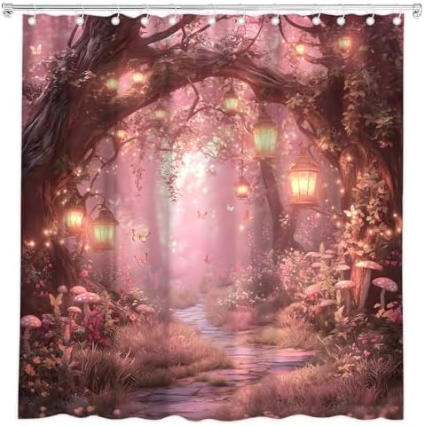 Fantasy Forest Path Shower Curtain Pink Fairy Magical Enchanted Misty Jungle Mushroom Floral Tree Butterfly Lantern Wonderland Bath Curtain Fabric Bathroom Accessories Decor with Hooks 80W x70L
