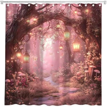 Fantasy Forest Path Shower Curtain Pink Fairy Magical Enchanted Misty Jungle Mushroom Floral Tree Butterfly Lantern Wonderland Bath Curtain Fabric Bathroom Accessories Decor with Hooks 80W x70L