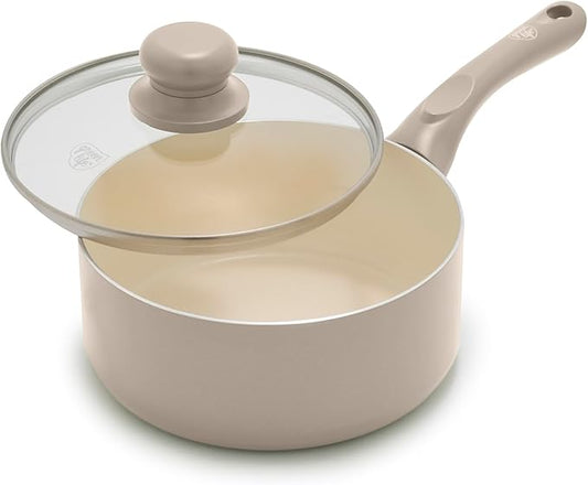 GreenLife 2 Quart Nonstick Saucepan with Lid, Non-Toxic Ceramic Pot, Dishwasher Safe, Stay-Cool Handle, Induction Ready, Fast Heating, PFAS Free, Easy Clean, Beige Taupe