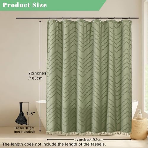 OWENIE Boho Shower Curtain, Light Green Fabric Cloth Shower Curtains Farmhouse Tufted Chevron Striped Textured with Tassel for Bathroom, Soft Hotel Style Modern Minimalist, Machine Washable, 72x72