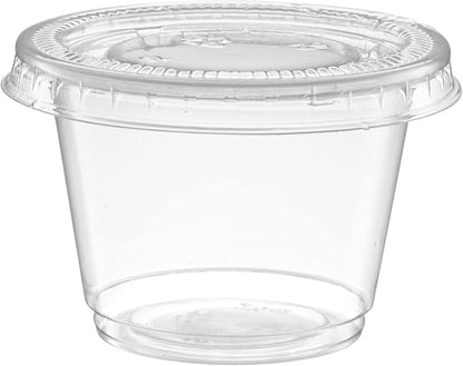 {2.5 oz - 100 Sets} Clear Diposable Plastic Portion Cups With Lids, Small Mini Containers For Portion Controll, Jello Shots, Meal Prep, Sauce Cups, Slime, Condiments, Medicine, Dressings, Crafts, Disposable Souffle Cups & Much more