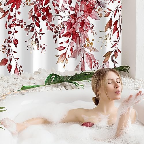 Gibelle Burgundy Eucalyptus Shower Curtain, Watercolor Floral Print, 72x72