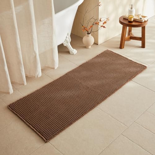 TYUU Waffle Runner Rug Bathroom, Long Boho Bath Mat, 60x24 Mocha