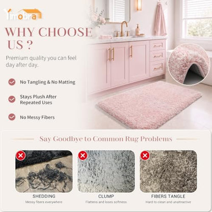 Yimobra Bathroom Rugs Non Slip Washable 36X24, Ultra Soft and Water Absorbent Bath Mats, Plush Fluffy Shower Mat Outside, Luxury Microfiber Thick Matts for Bathroom Floor/Tub, Light Pink and White