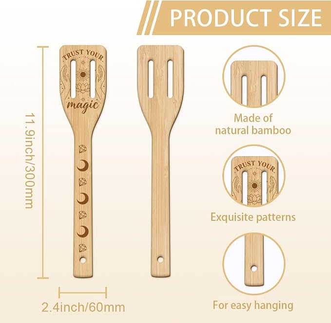 GLOBLELAND 6 Pcs Magic Wizard Words Wooden Spoons Utensil Set Magical Black Cat Bamboo Carving Kitchen Cooking Utensils Wooden Engraved Cooking Spatula Sets for Kitchen Fun House Warming Gift