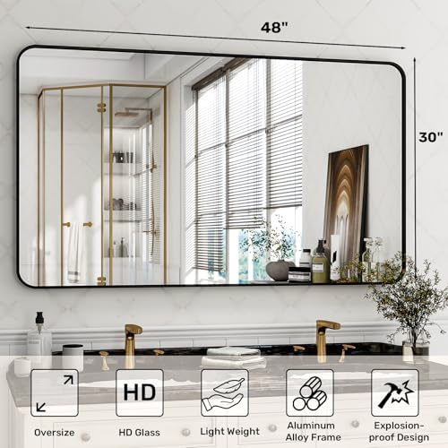 Easly 30 x 48 Inch Bathroom Mirror, Rounded Rectangular Vanity Mirror for Wall, Modern Mirror for Room Decor, Black Framed Wall-Mounted Mirrors for Home Decor, Hangs Horizontally or Vertically