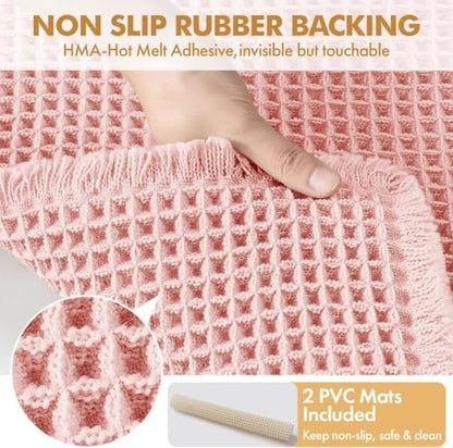 MIULEE Set of 2 Waffle Bathroom Rugs Boho Bath Mat Pink 17"x24"+18"x30"