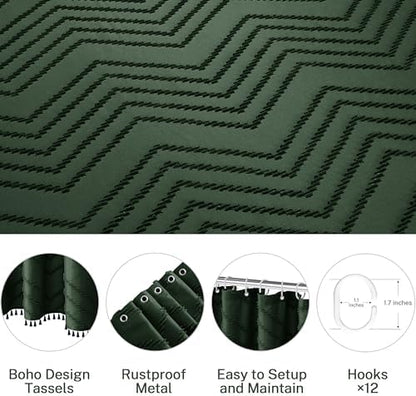 Siiluminisoy Extra Long Dark Green Boho Shower Curtain with Tassel, Woven Fabric 90 in, Tufted Chevron Striped, 72 x 90, Modern Chic Textured Minimalist Bathroom