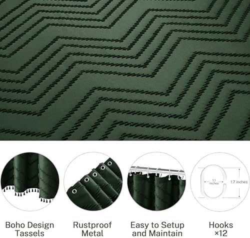 Siiluminisoy Extra Long Dark Green Boho Shower Curtain with Tassel, Woven Fabric 84 in Shower Curtain, Tufted Chevron Striped, 72 x 84, Modern Chic Textured Minimalist Bathroom Shower
