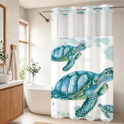 Beach Nautical Sea Turtle Theme No Hook Waffle Weave Shower Curtain with Snap in Liner Nautical Beach Bathroom Blue Ocean Decor Set 60 W x 74 H Inch Teal