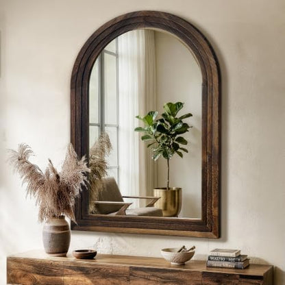 Arched Bathroom Mirror, 40"x28" Brown Wood Frame Wall Mirror