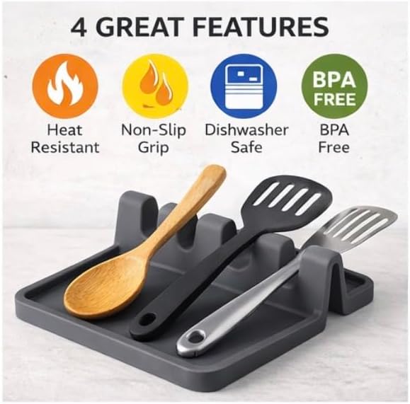 Silicone Spoon Rest for Stove – Heat Resistant, Non-Slip, Dishwasher Safe Utensil Holder with Drip Pad (Dark Gray)