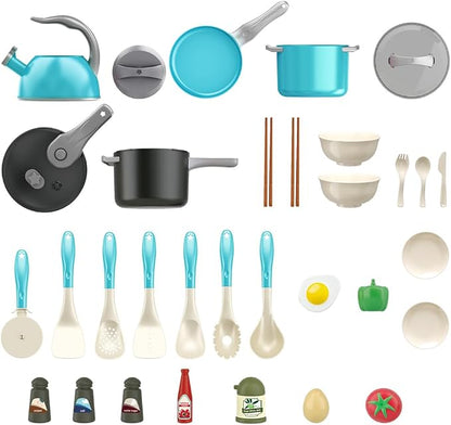 Bruvoalon 32Pcs Kids Play Kitchen Toys Set, Toddlers Pretend Cooking Playset Acccessories with Pots Pans, Utensils Cookware, Foods, Canned Veges, Learning Gift for Kids Girls Boys (Turquoise)