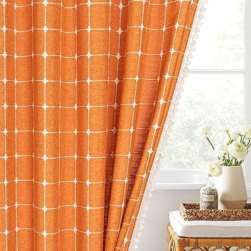Boho Farmhouse Classic Plaid Linen Tassel Shower Curtain Orange,72x84