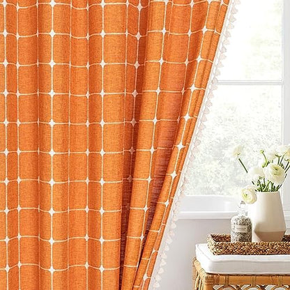 Boho Farmhouse Classic Plaid Linen Tassel Shower Curtain Orange,36x72