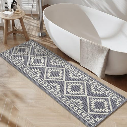 PADOOR-Waffle Bathroom Runner 24"x48", Super Absorbent Bath Mats for Bathroom, Machine Washable Non Slip Bath Rug with Tassels, Soft Bath Mat for Laundry Room, Bedroom, Grey & Cream, 2'x 4'