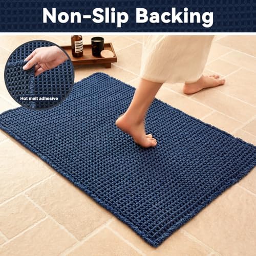 Triohero Waffle Runner Rug Bathroom, Long Boho Bath Mat, 24x60 Navy Blue