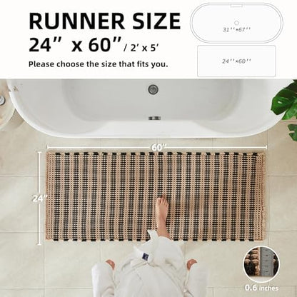 TYUU Waffle Runner Rug Bathroom, Long Boho Bath Mat, 60x24 Black & Khaki