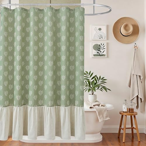 ORTIGIA Linen Textured Ruffle Shower Curtain with Metal Hooks, Green Vintage Block Print Floral Boho Waterproof Bath Curtain for Rustic Farmhouse Bathroom Decor 72x72 Inch