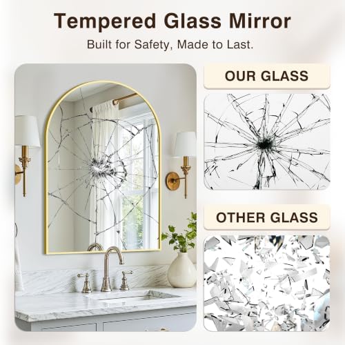 Arched Bathroom Vanity Mirror for Over Sink, 30”x20”, Gold