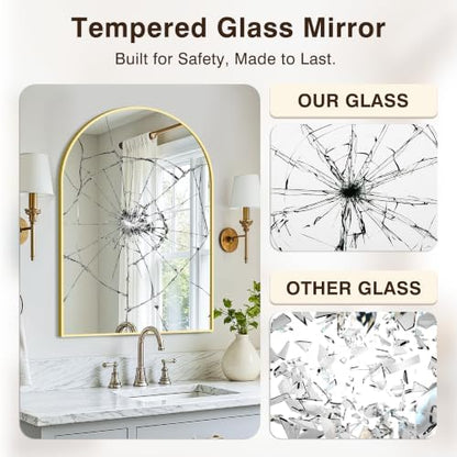 Arched Bathroom Vanity Mirror for Over Sink, 30”x20”, Gold