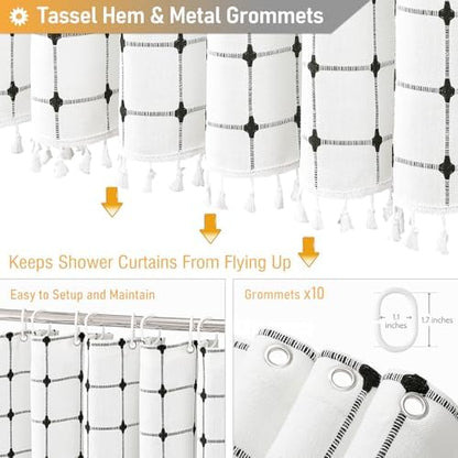 BTTN 60x72 Boho Farmhouse Linen Heavy Duty Shower Curtain, White and Black