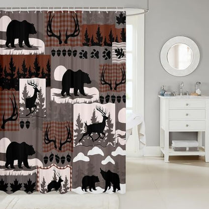 Rustic Plaid Shower Curtains Lodge Cabin Bear Bathroom Curtain for Kids Women Men Country Elk Moose Bathroom Accessories Woodland Grey Brown Waterproof Polyester Fabric for Stalls Bathtubs 72"x72"