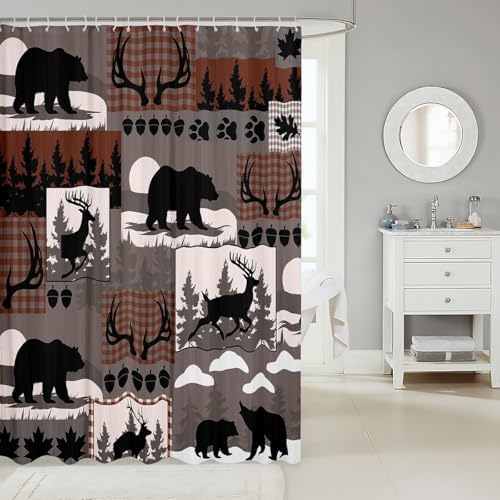 Rustic Plaid Shower Curtains Lodge Cabin Bear Bathroom Curtain for Kids Women Men Country Elk Moose Bathroom Accessories Woodland Grey Brown Waterproof Polyester Fabric for Stalls Bathtubs 72"x78"