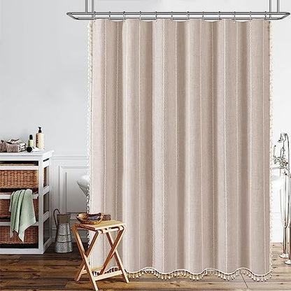 BTTN 72x84 Long Boho Farmhouse Linen Heavy Duty Shower Curtain, Tan/Taupe