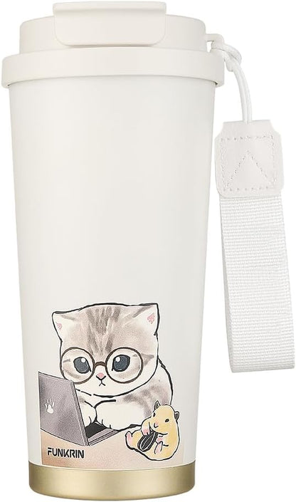 Funkrin Coffee Travel Mug with Flip Lid, 16oz Insulated Tumbler Cup with Ceramic Coating, Double Wall Vacuum Leak-Proof Tumbler for Office School Party Camping