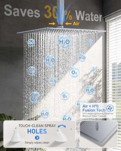 Woindo 4 Function Shower Faucet Set 12" Rain Shower Head/6'' Side Shower Head and 3 Setting Handheld Ceiling Mount Push Button Diverter Complete Rainfall Round Shower System Included Valve Trim Kit