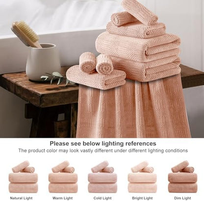 18 Pcs Pink Woven Family Towels Set-6 Bath Sheets,6 Hand Towels,6 Washcloths Soft Polyester Towels Absorbent Shower Towel Quick Dry Beach Chair Towel Lint Less Towels Set for Bathroom Spa Gym Hotel
