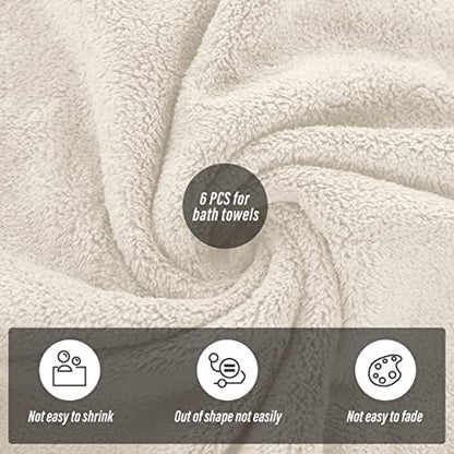 MOONQUEEN 6 Pack Premium Bath Towel Set - Quick Drying - Microfiber Coral Velvet Highly Absorbent Towels - Multipurpose Use as Bath Fitness, Bathroom, Shower, Sports, Yoga Towel (Cream)