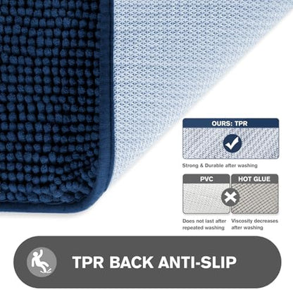 Navy Blue Bathroom Rugs – Absorbent and Washable Bath Mat, Non-Slip, Thick Soft Chenille Bath Rugs for Bathroom Floor, Shower, Sink - 20" x 32"
